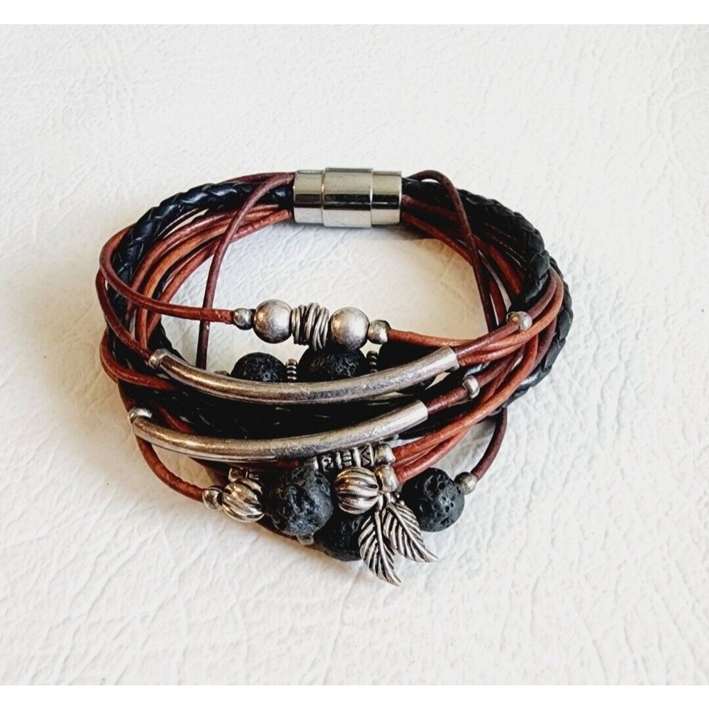 Modern Multi String Sterling Vulcanic Stone Balls Feathers Leather Bracelet